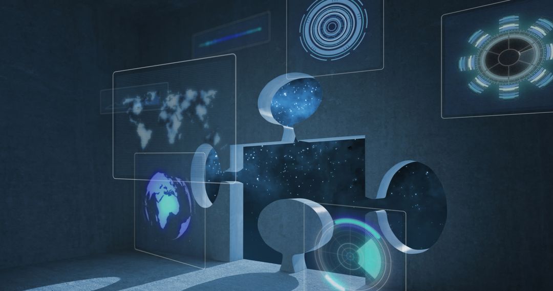 Futuristic Puzzle Icons and World Map Digital Display