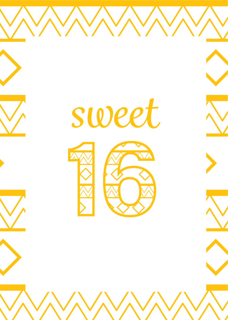 Yellow Sweet 16 Text with Decorative Frame on Transparent Background
