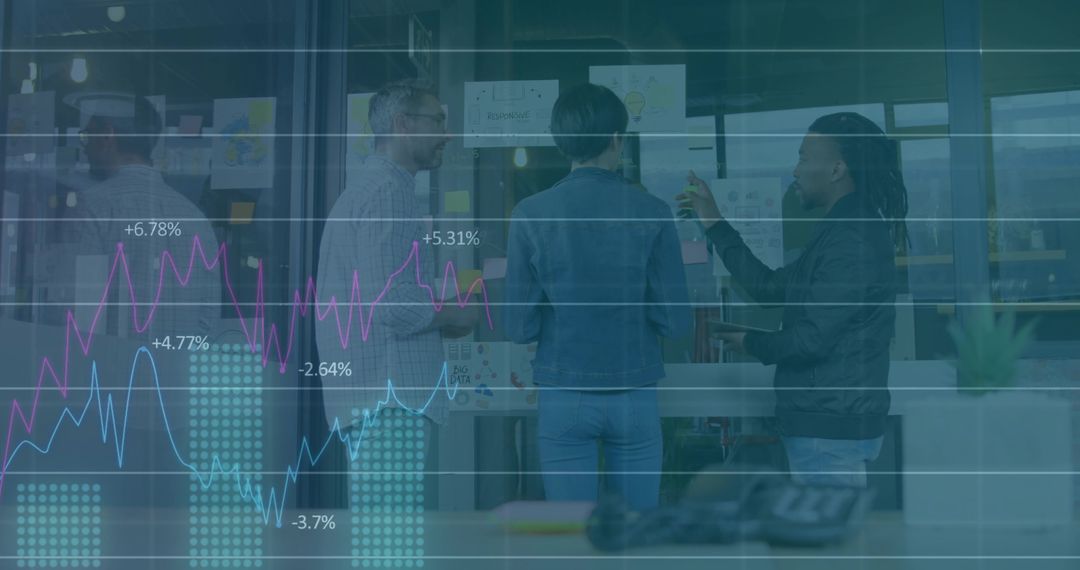 Business Team Collaborating at Glass Wall with Sticky Notes and Data Visualization Overlay