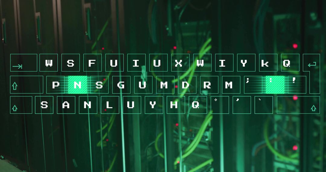 Glowing Keyboard Over Racks in Server Room Highlighting Cybersecurity Elements