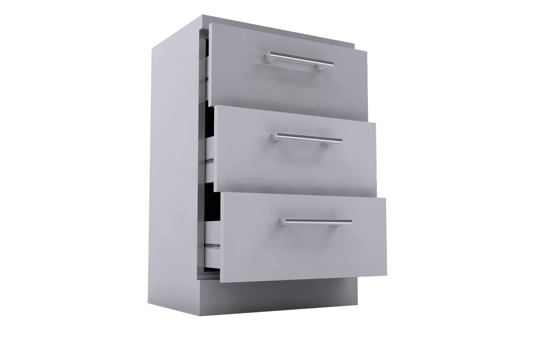 Modern Metal Cabinet with Open Drawers on Transparent Surface