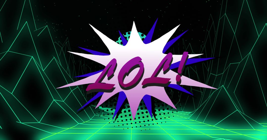 LOL Text Over Digital Wireframe Mountains in Sci-Fi Style