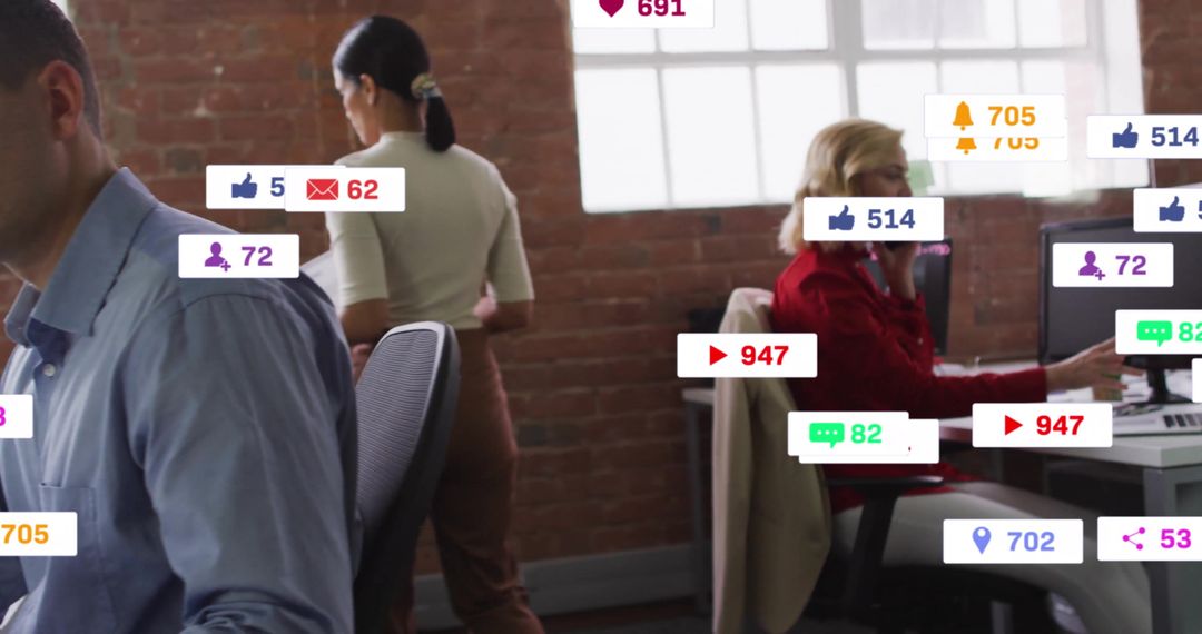 Office Team Engaging with Social Media Notifications and Technology