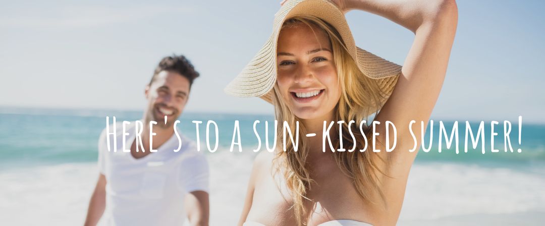 Couple Embracing Sun and Sea with Joyful Expressions