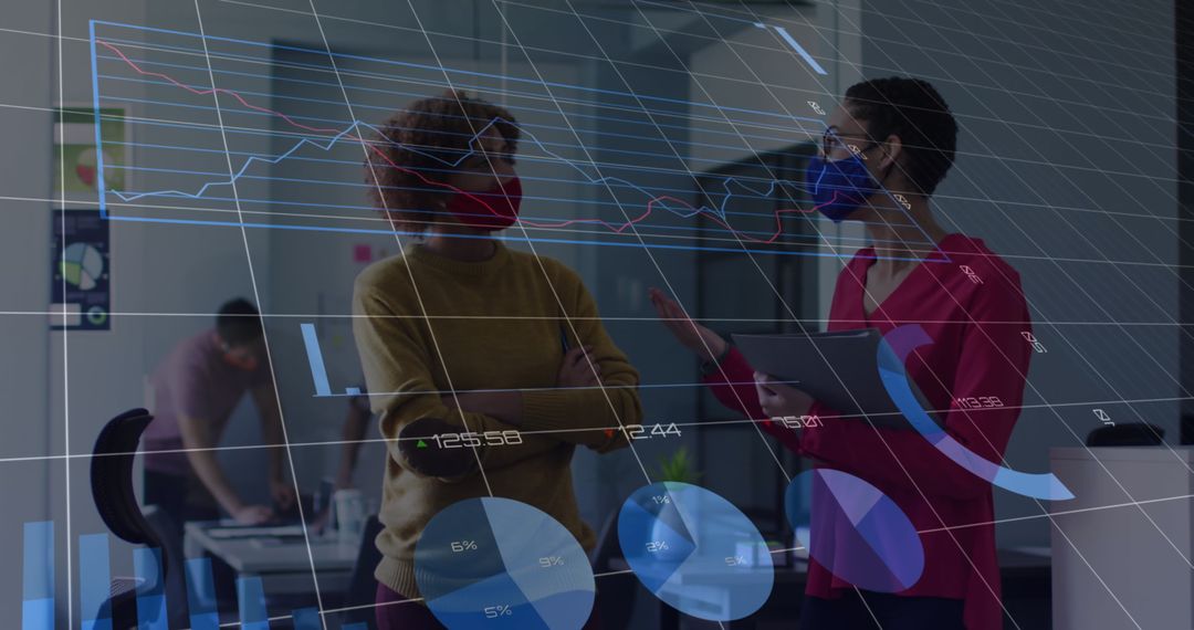 Financial Data Overlay with Business Team Wearing Masks