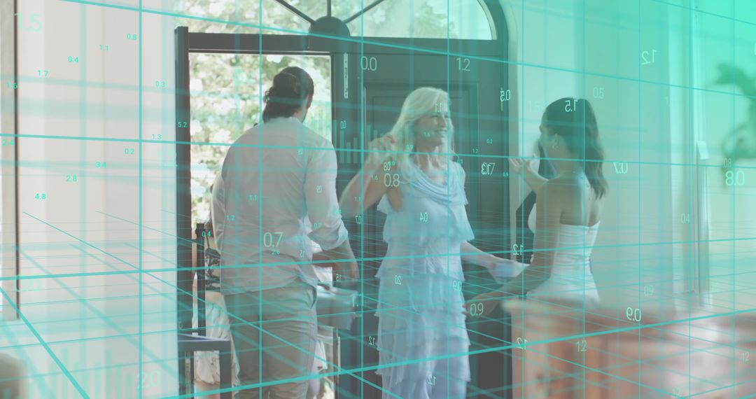 Greeting Moment in Sunlit Foyer with Arched Door and Turquoise Tech Grid Overlay