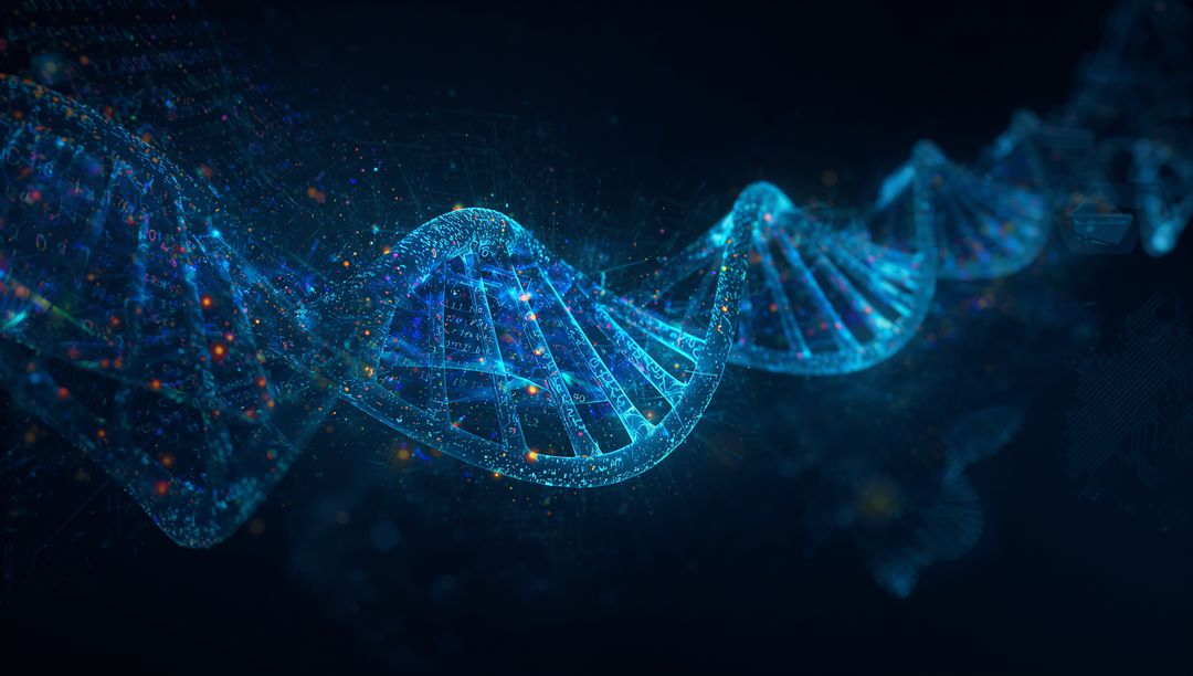 Futuristic DNA Helix in Digital Space with Particle Overlay
