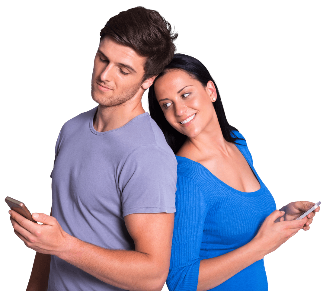 Young Couple Texting Each Other With Transparent Phones