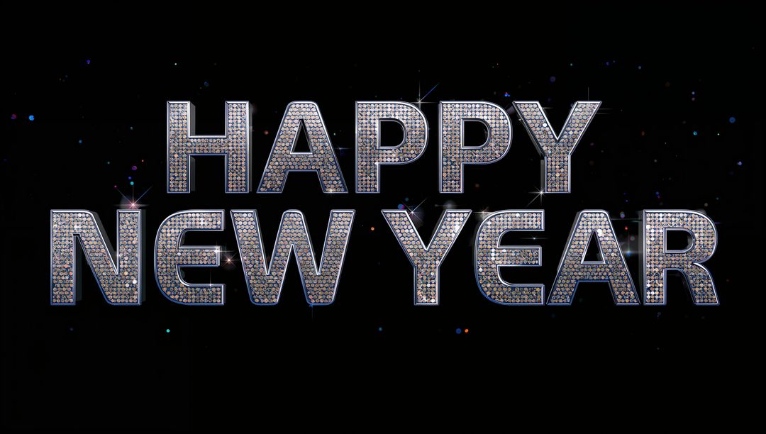 Gem-Encrusted 3D HAPPY NEW YEAR Typography with Sparkling Diamonds on Black Background