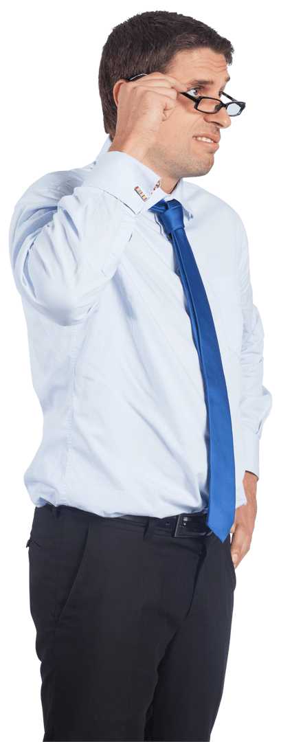 Confused Caucasian Businessman Adjusting Glasses on Transparent Background