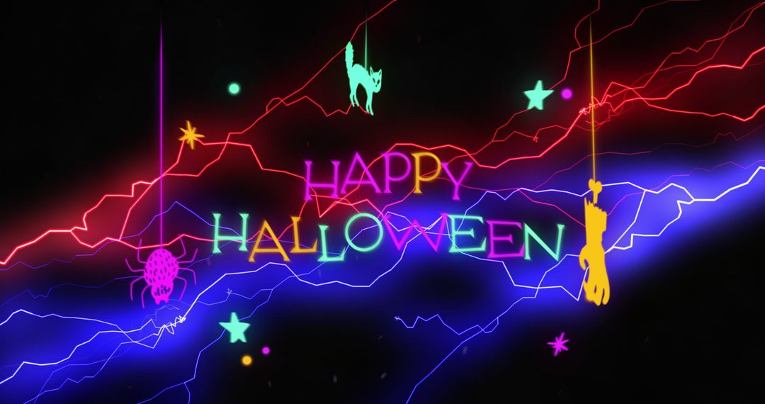 Neon Happy Halloween Text with Cats and Spiders - Free Images, Stock Photos and Pictures on Pikwizard.com