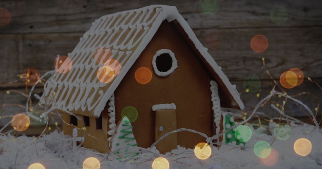 Festive Bokeh Lights with a Gingerbread House on Snow