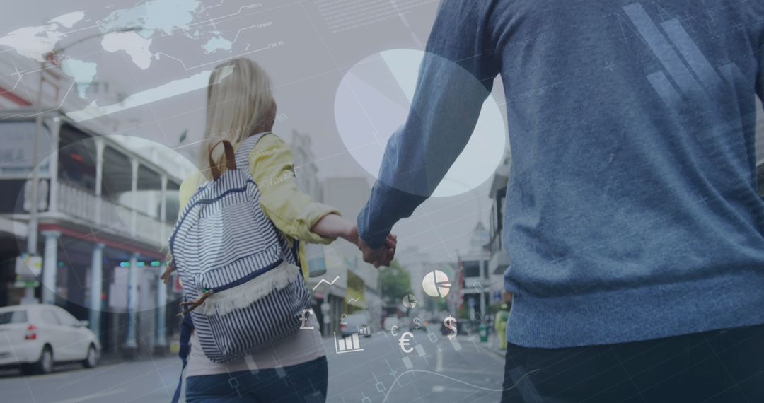 Couple Exploring Urban City with Digital Interface Overlay