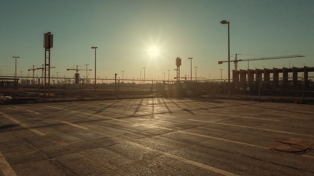 Sunset Over Construction Site with Towering Cranes and Paved Lot