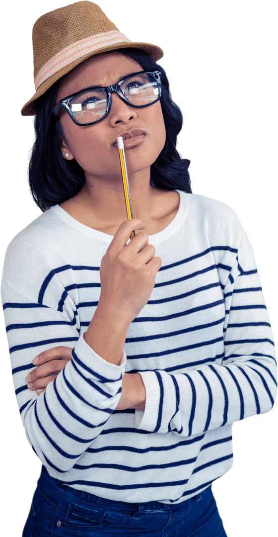 Asian Woman Deep in Thought with Pencil in Transparent Office Setting