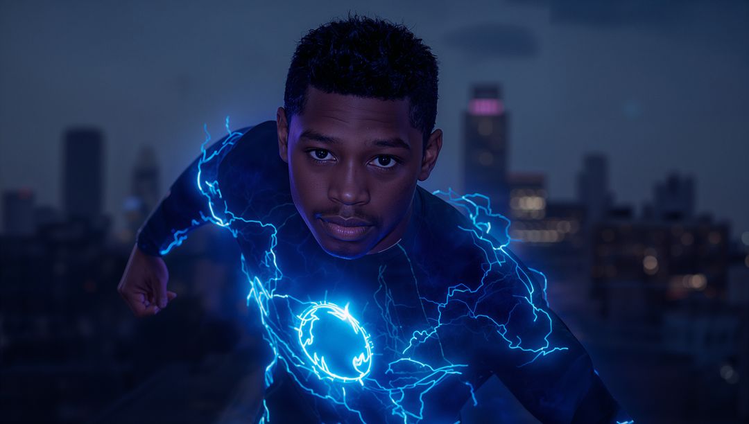 Electric Superhero Races Across Urban Rooftop at Night