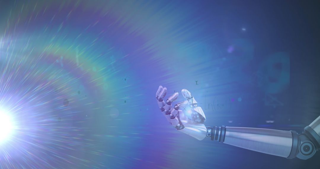 Futuristic Robotic Hand with Digital Light Trails and Equations