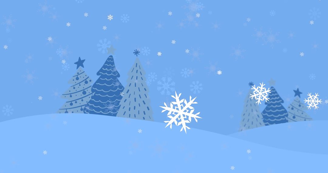 Minimal Winter Scene with Stylized Snowflakes and Trees
