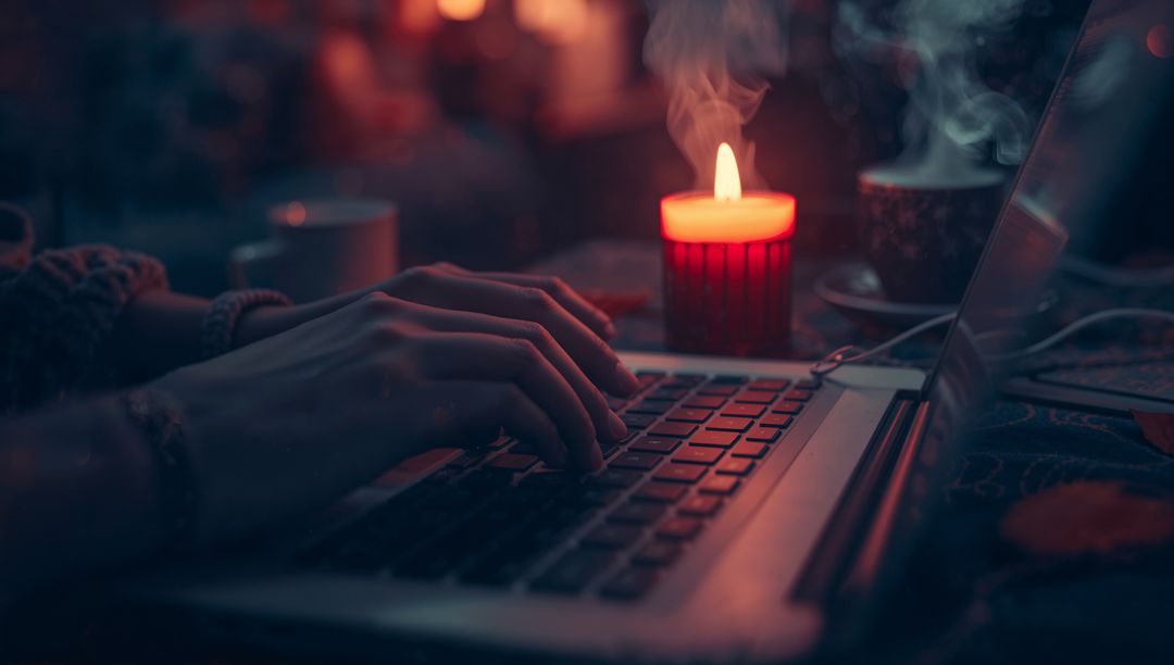 Ambient Workspace with Laptop and Candlelight