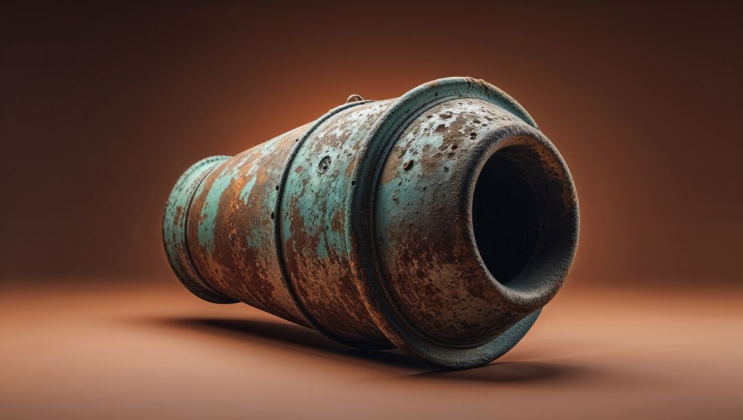 Aged turquoise first world war cannon barrel with rust and corrosion texture