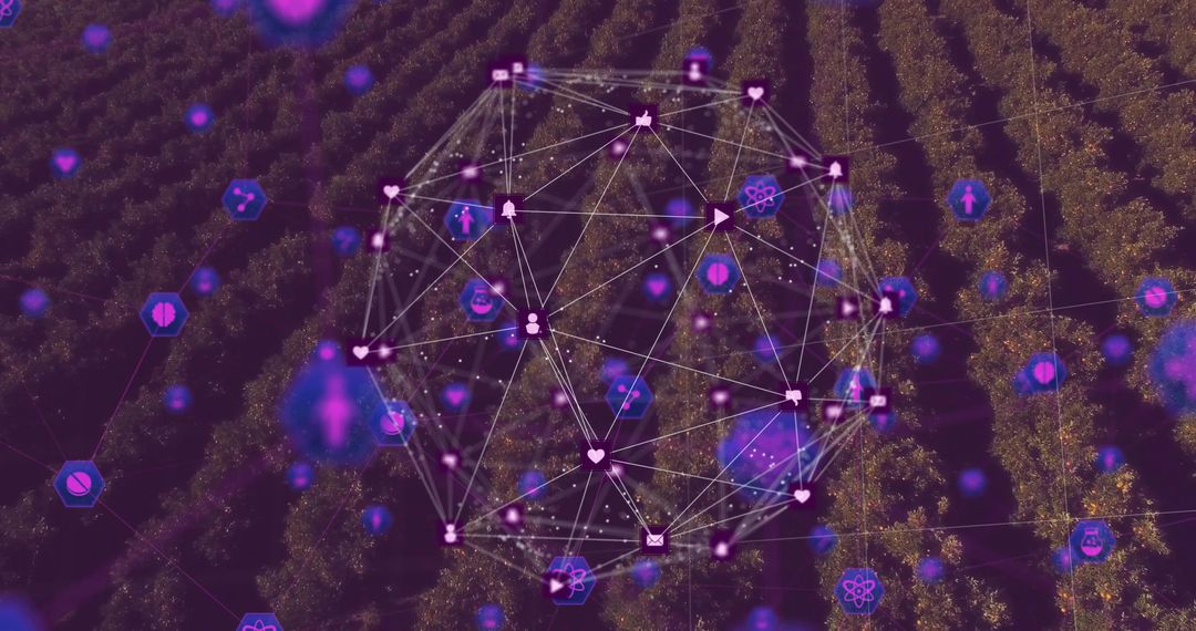 Digital Network Sphere Above Orchard with IoT Icons Illustrating Connectivity