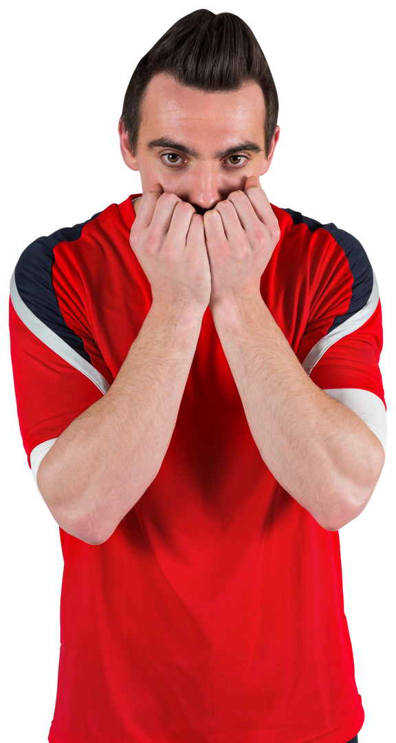 Nervous Football Fan in Red Jersey Looking Ahead Isolated on Transparent Background - Download Free Stock Images Pikwizard.com