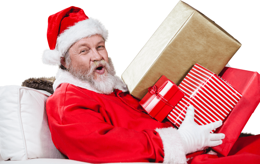 Cheerful Transparent Santa Claus with Gift Boxes
