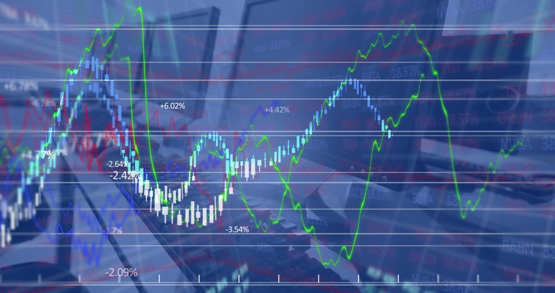 Financial Trends Overlaid on Office Desks with Data Points