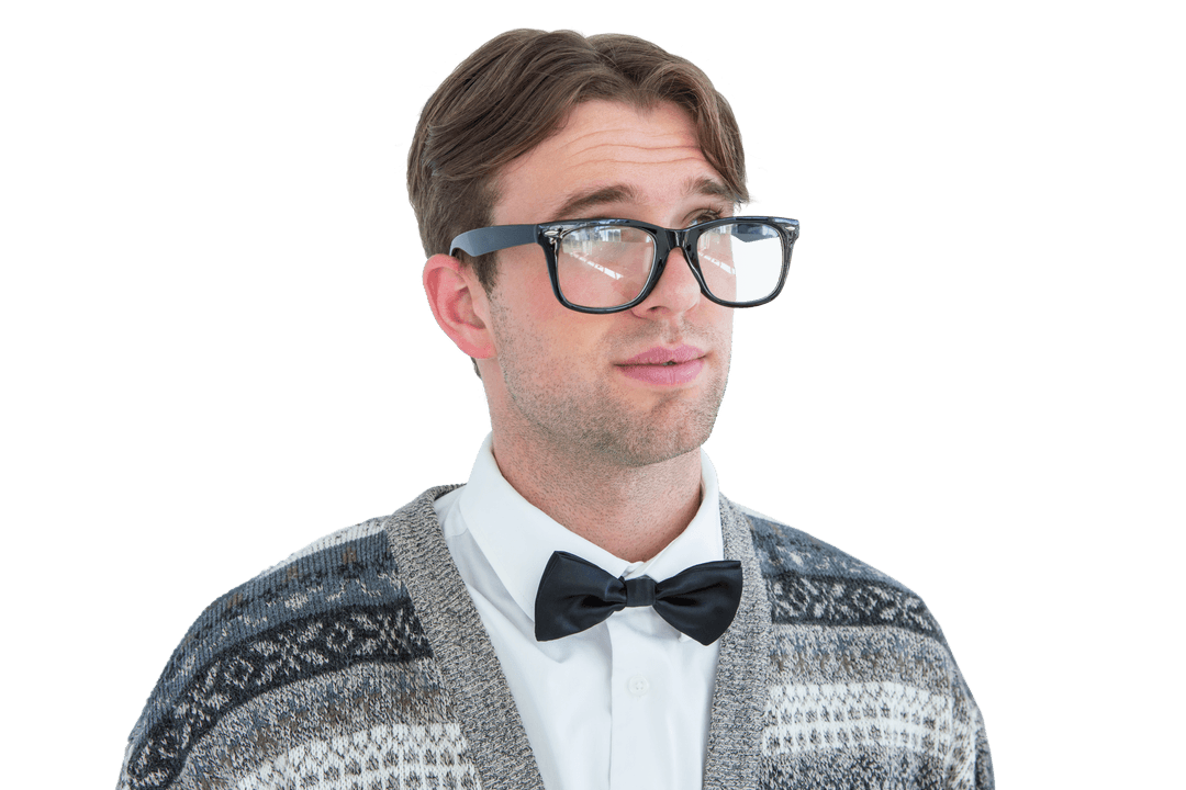 Caucasian Man with Glasses in Bowtie and Sweater on Transparent Background