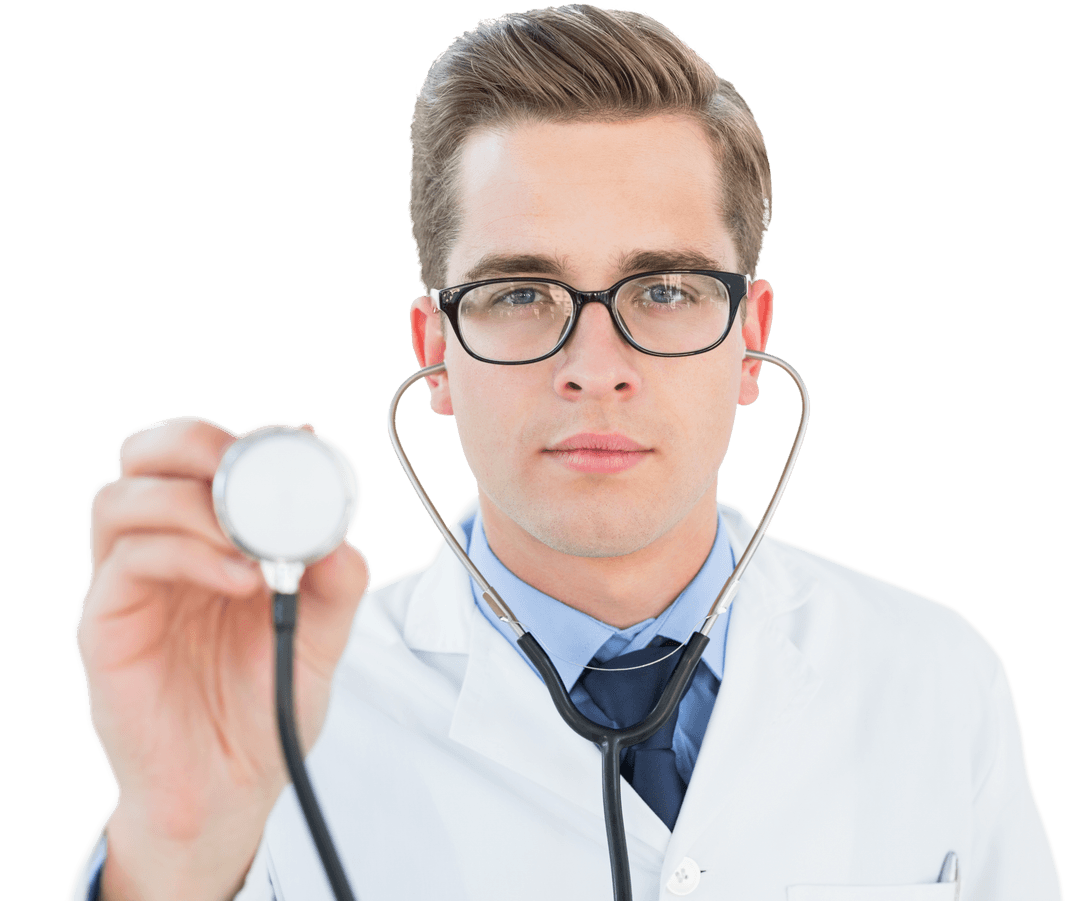 Serious Transparent Doctor Facing Camera with Stethoscope