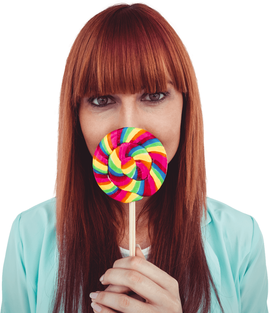 Woman Enjoying Multicolored Lollipop on Transparent Background