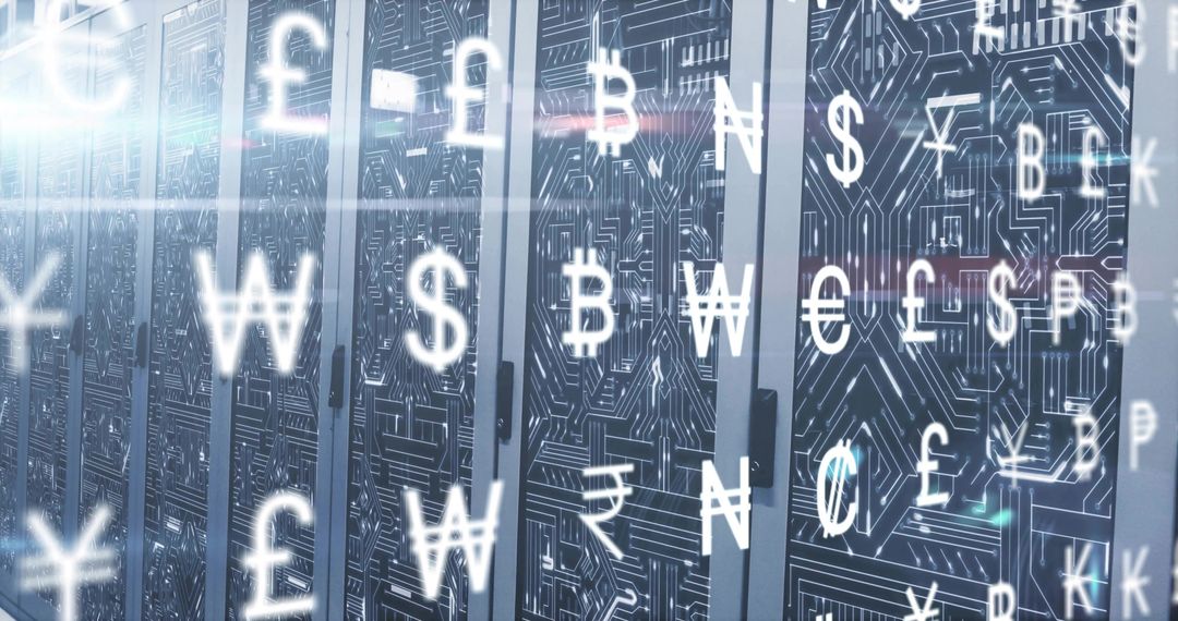 Futuristic Data Center with Floating Currency Symbols and Glow