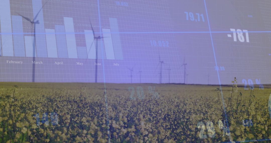 Canola Field with Wind Turbines and Renewable Energy Analytics Dashboard Overlay