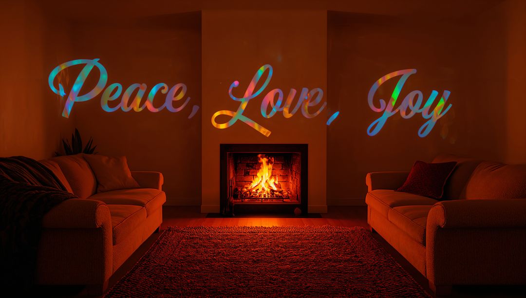 Projecting Peace, Love, Joy Script Over Cozy Fireplace and Sofas in Warm Living Room Glow