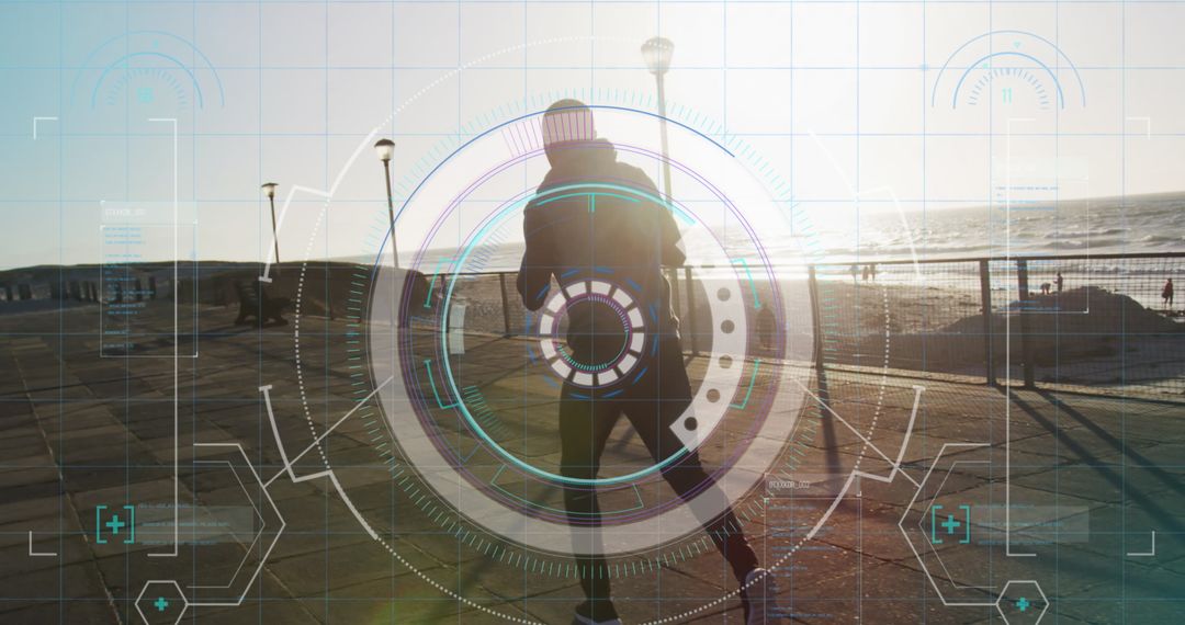 Futuristic Interface Overlays Jogger at Seafront