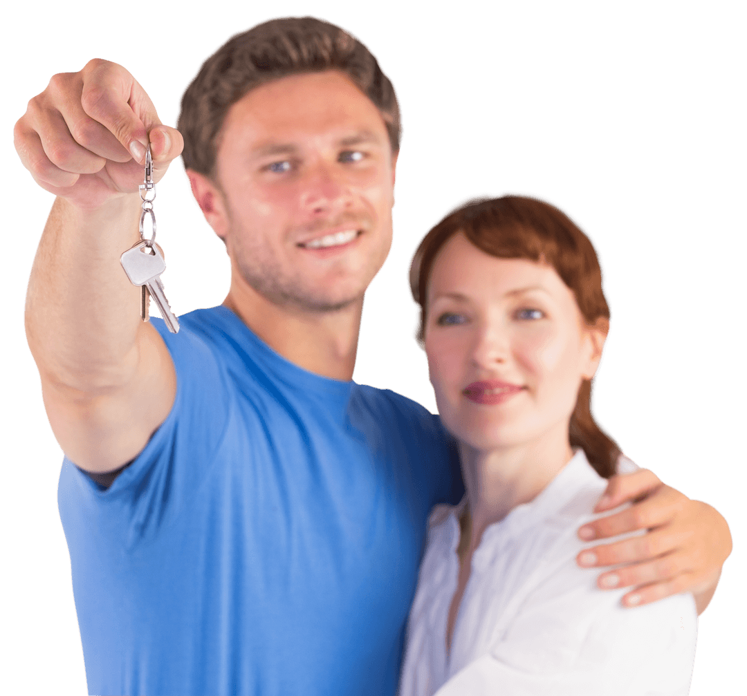 Happy Couple Holding Keys to New Home with Transparent Background