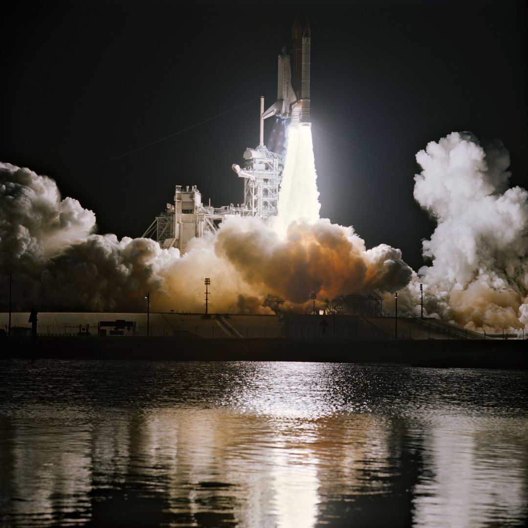 Space Shuttle Atlantis Launch at Night, STS-36 Mission, February 28, 1990 - Free Images, Stock Photos and Pictures on Pikwizard.com
