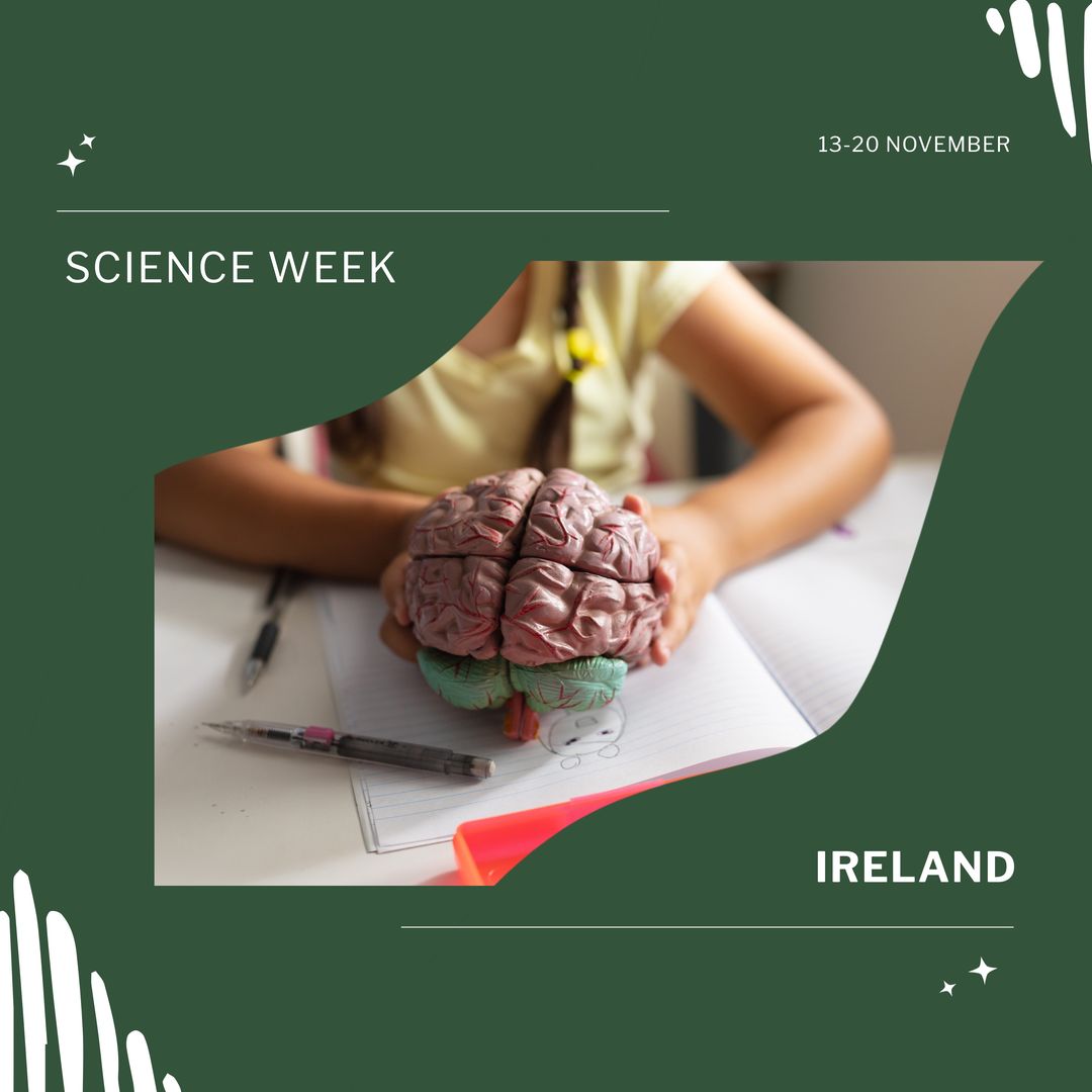 Composition of science week ireland text over biracial girl with brain model - Download Free Stock Templates Pikwizard.com