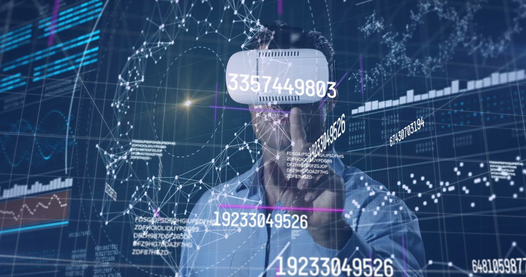 Man Wearing VR Headset Interacting with Digital Data Graphics