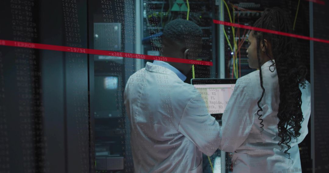 IT technicians troubleshooting server rack with laptop in dim data center aisle with blue lighting