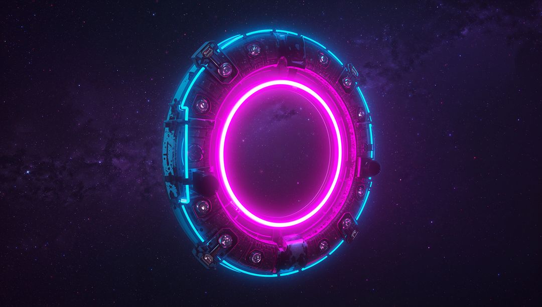 Glowing Neon Sci-Fi Portal Floating in Deep Space with Magenta Core and Cyan Accents