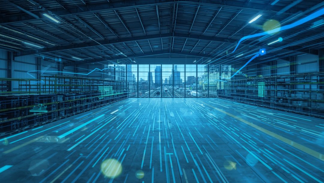 Futuristic Warehouse with Digital Data Streams and City View