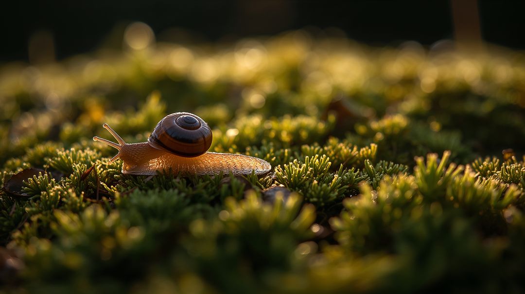 Rimlit snail crawling across moss with spiral shell and golden hour bokeh