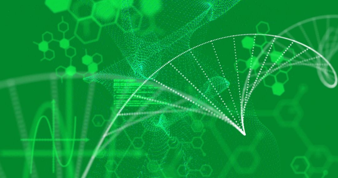 Futuristic DNA Strand with Digital Interface on Green Background