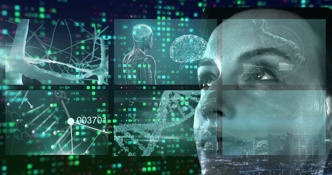 Woman Exploring Bioinformatics in Futuristic Virtual Lab Interface