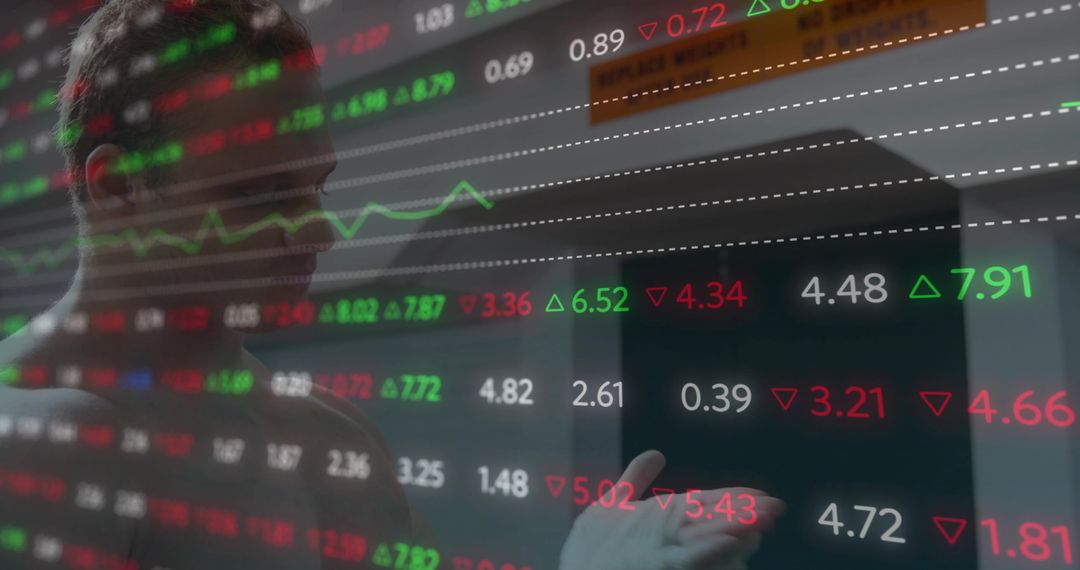 Market Analyst Reading Real-Time Financial Data on Transparent Touchscreen with Color Arrows