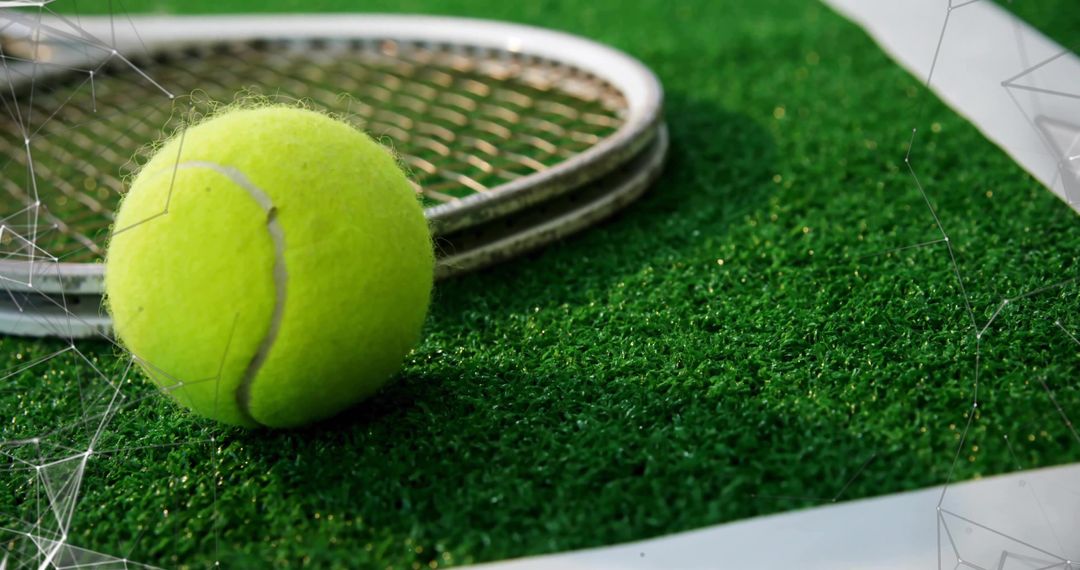 Tennis Ball on Turf with Racket and Boundary Line