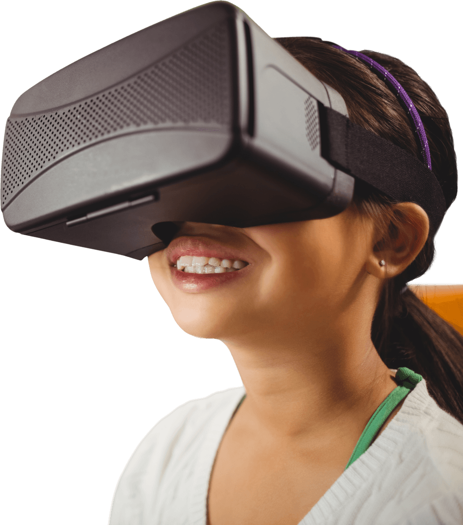 Smiling Translucent Girl Using VR Headset on Transparent Background
