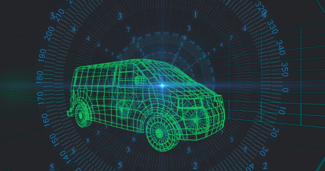 Futuristic Wireframe Van with Digital HUD Interface