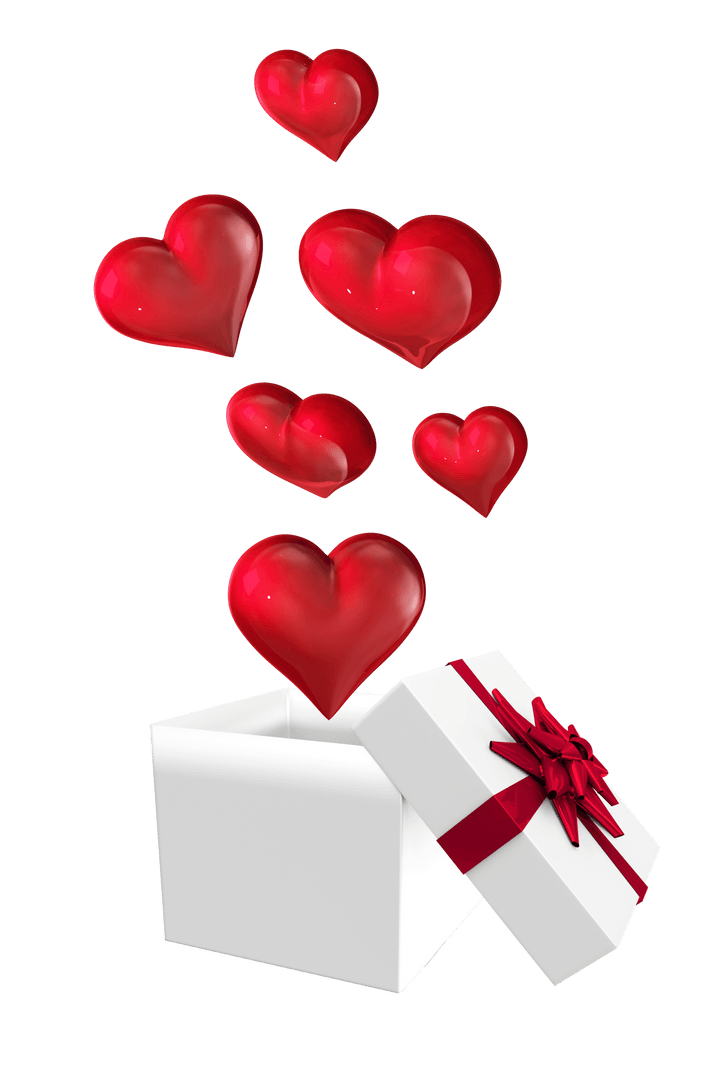 Floating Red Hearts from Gift Box on Transparent Background